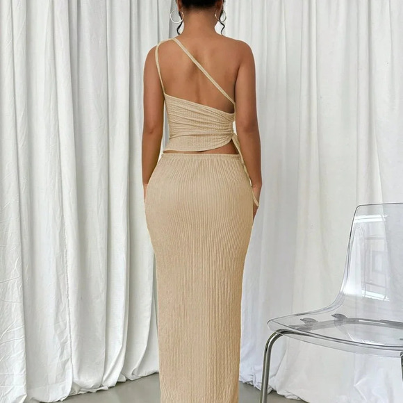 Apricot Elegant Women's Drawstring Shoulder Top And Long Midi Skirt Set - Picture 2 of 6